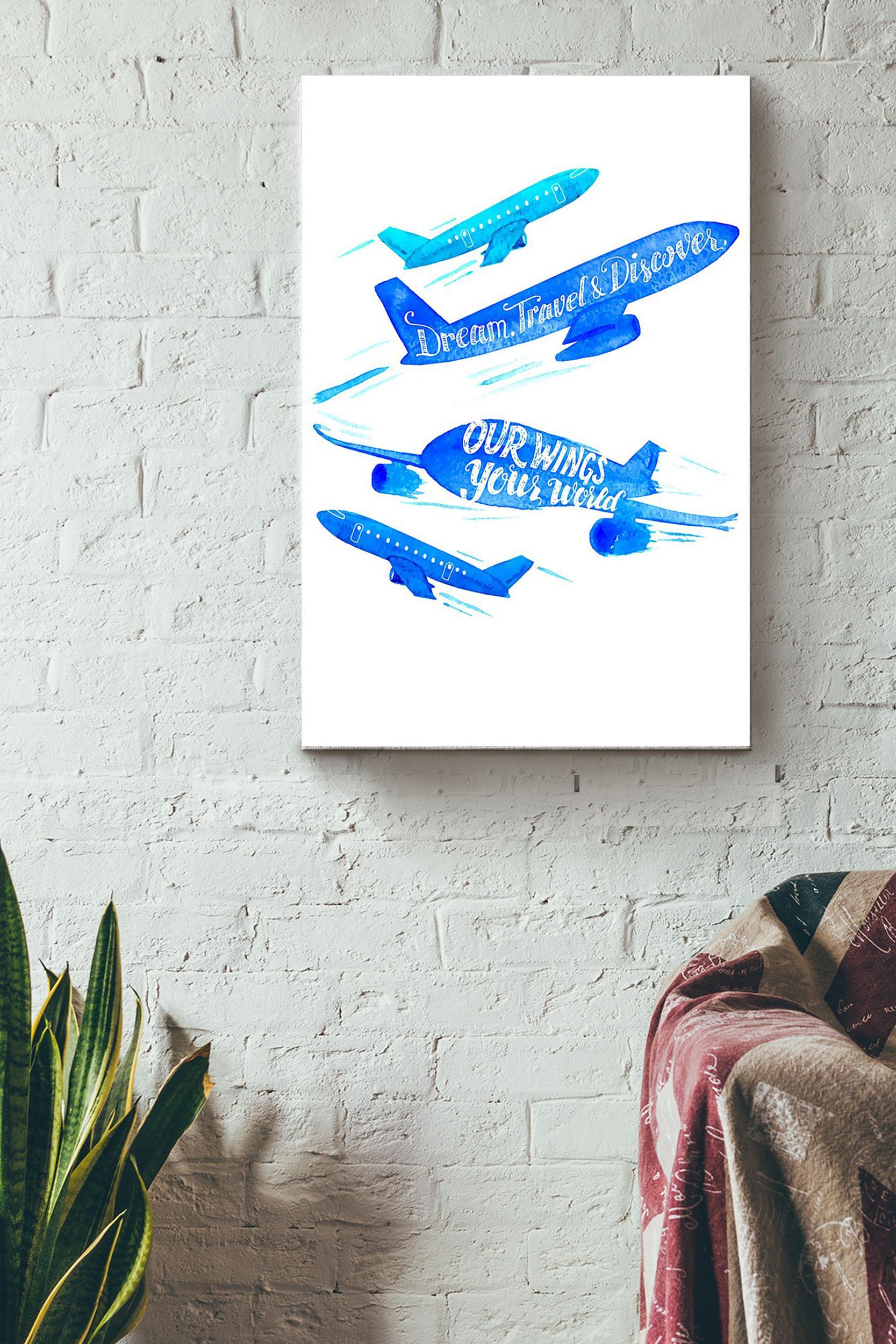 Blue Airplane Dream Travel Discover Poster – Aviation Knowledge Wall Art – Gift For Flight Engineer Control Tower Worker Pilot Explorer Wrapped Canvas