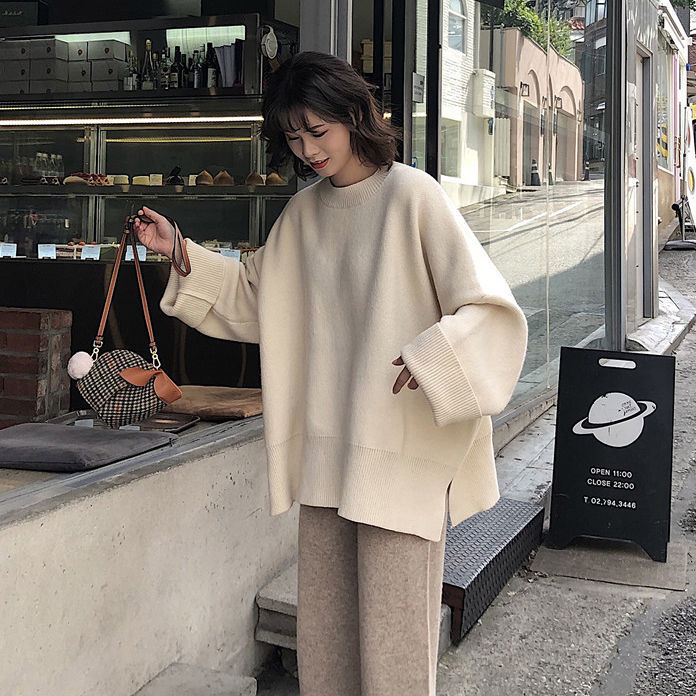 Autumn and winter new solid color turtleneck sweater women Korean version loose pullover all match split knitted sweater jacket alx