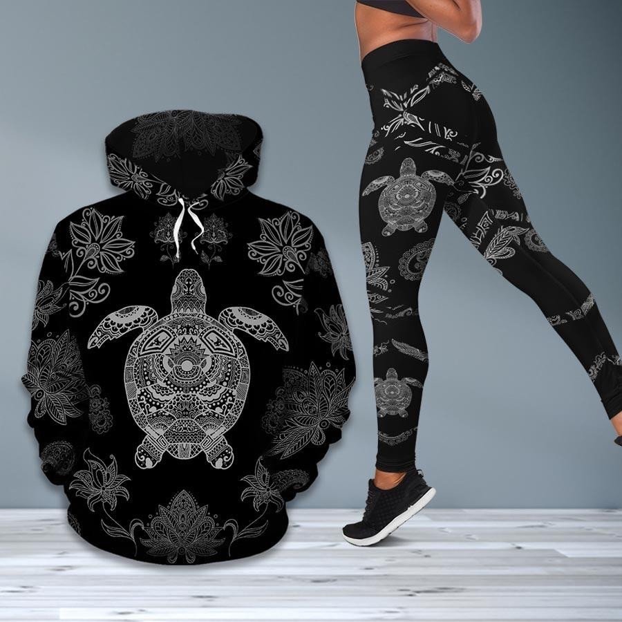 Sea Turtle Black And White 3D Hoodie Legging Set Combo