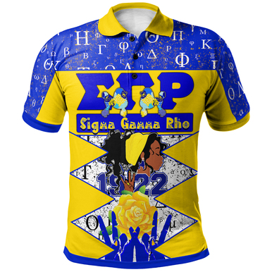 Sigma Gamma Rho Polo Shirt – Sigma Gamma Rho Sorority Girl 1922 Greek Alphabet With Gold Rose And Hand Signs Polo Shirt