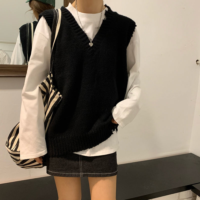 Sweater Vest Women Solid Chic Simple Knitted V-neck Loose Leisure Streetwear Retro Ulzzang Irregular Jumper Elegant Tops Womens alx