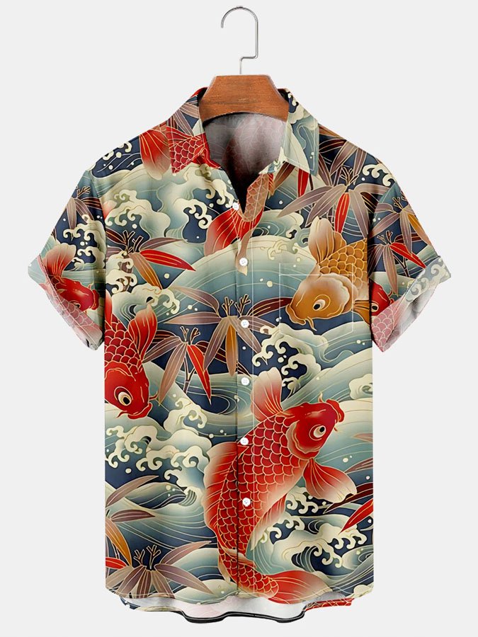 Vintage Koi Red Carp Fish Transfer Lucky Short Sleeve Hawaiian Shirt Ha77873