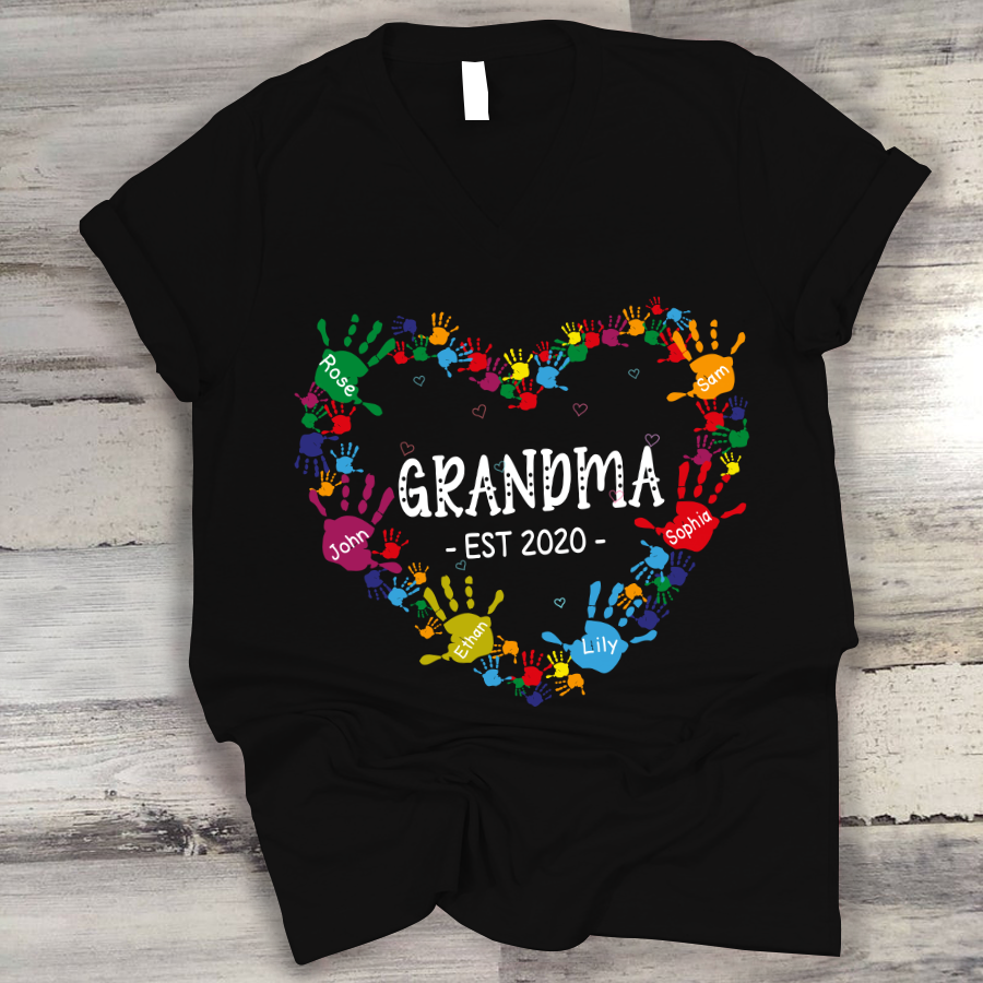 Grandma Est Heart Colorful Hands V-Neck