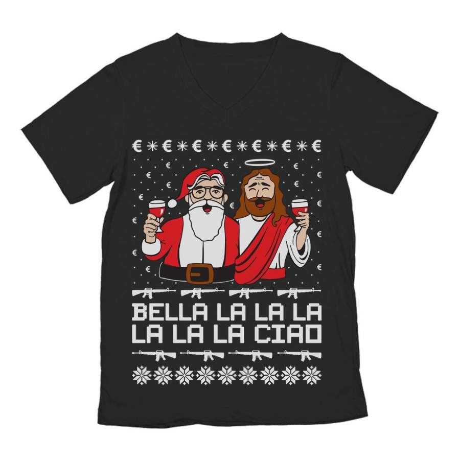 Bella Ciao Ugly Christmas Santa El Profesor & Berlin Jesus V-Neck T-Shirt