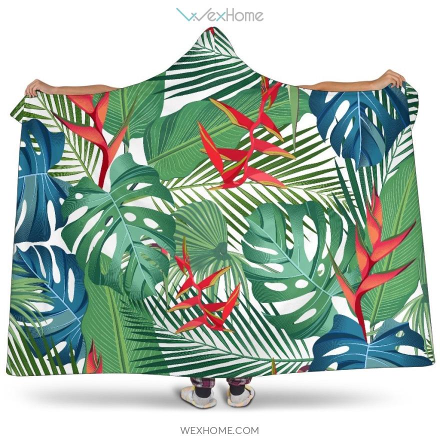 Heliconia Palm And Monstera  Leaves Pattern Hooded Blanket