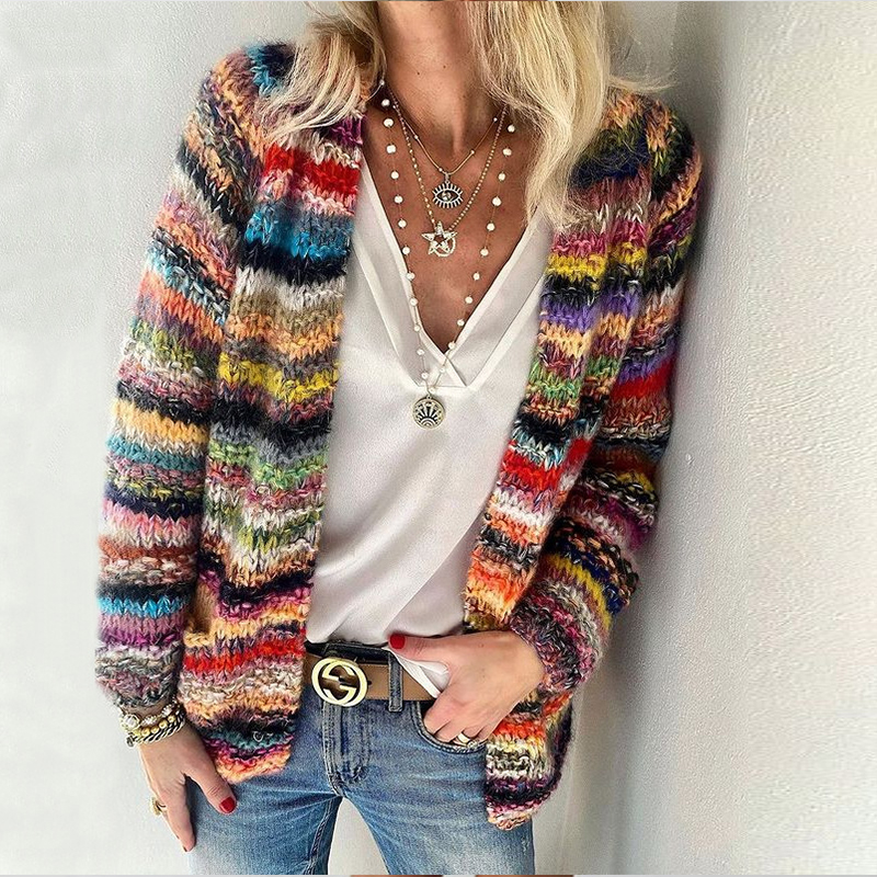 Women Elegant Multicolor Print Knitted Cardigans Sweater 2021 Autumn Winter Long Sleeve Coat Tops Ladies Casual Pocket Sweaters alx