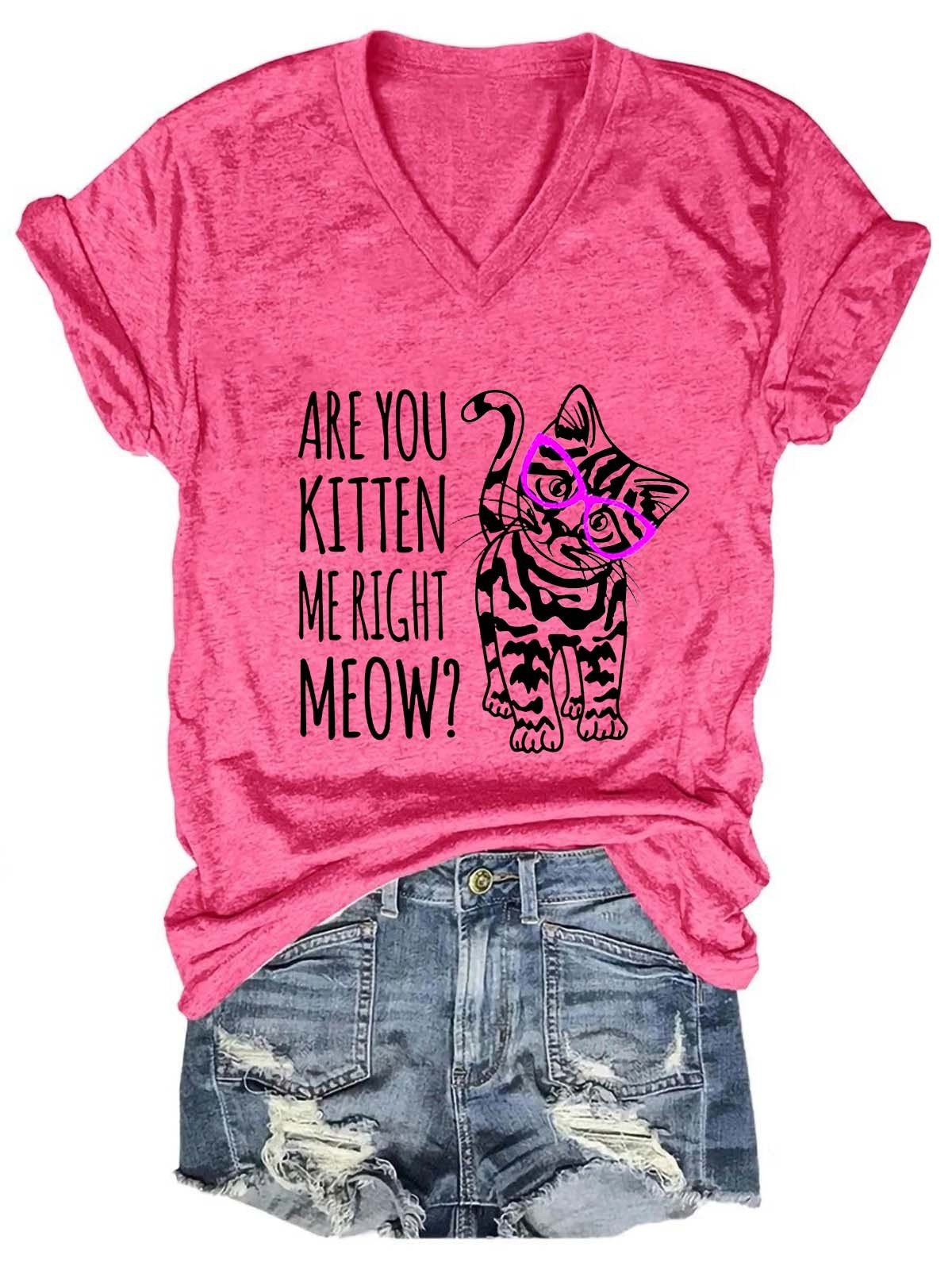 Women Animal Are You Kitten Me Right Meow V-Neck Tee