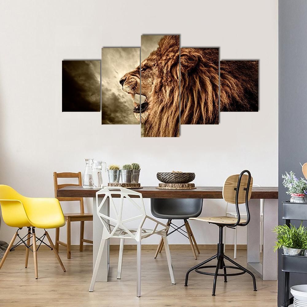 Roaring Lion Against Stormy Sky Animal 5 Panel Canvas Art Wall Decor