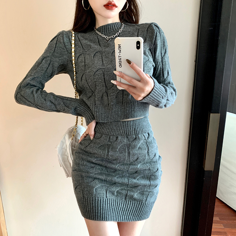 Temperament Korean knit Suit Women O Neck Twist Sweater Crop Top + High Waist Bodycon Mini Skirt Runway Fashion 2 Piece Sets alx