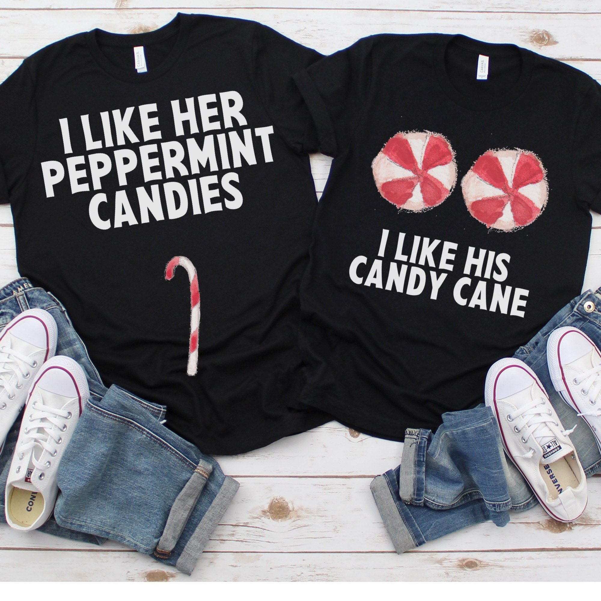 Couple Shirts I Like Her Peppermint Candies – I Like His Candy Cane Matching Couple, Valentine Gifts, Christmas Gift Graphic Unisex T Shirt, Sweatshirt, Hoodie Size S – 5Xl