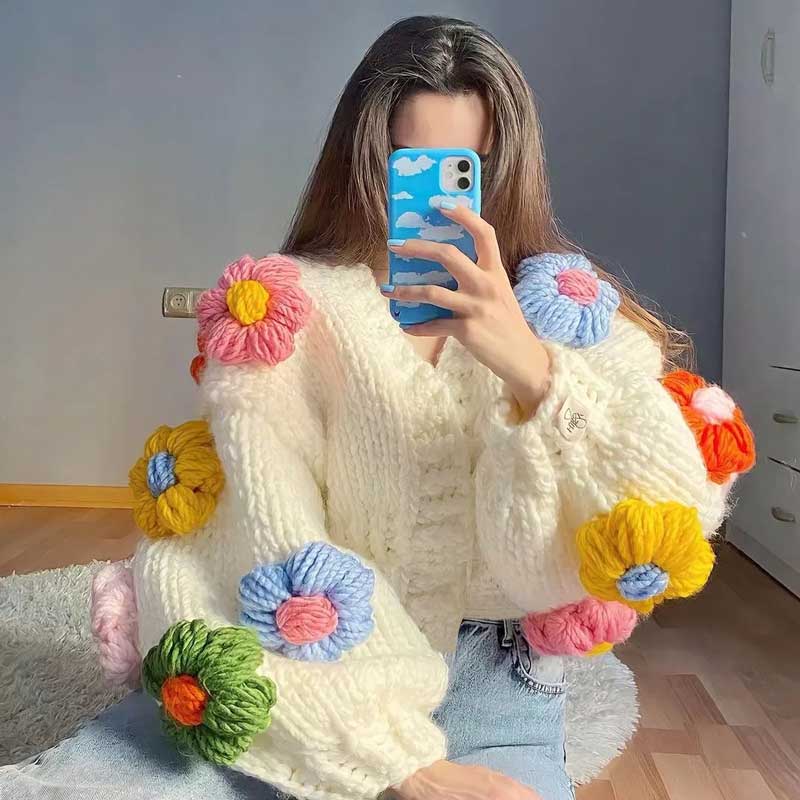 Boho Inspired White Flower Cardigan for Women Floral Knitted Chunky Cardigan Sweater for Women Sweater Puff Sleeve Cardigan alx