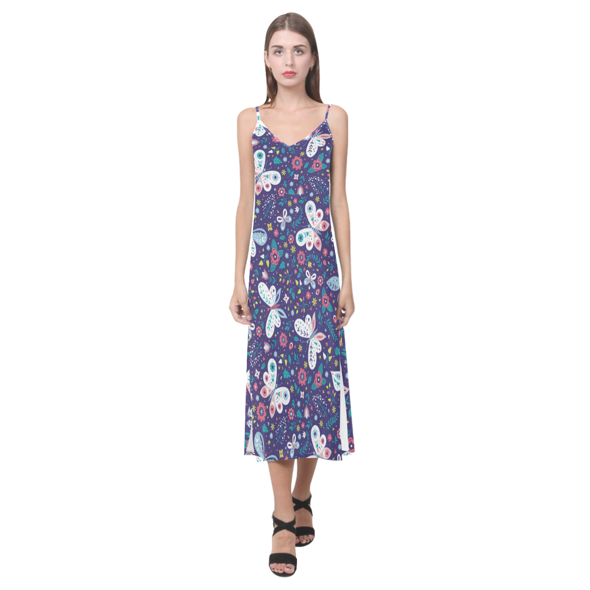 Colorful butterfly flower pattern.eps V-Neck Open Fork Long Dress