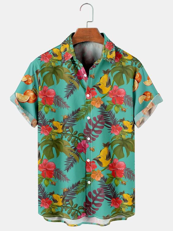 Mens Hawaii Shirt Casual Button Up Aloha Shirts Green Bird Plant Ha28251