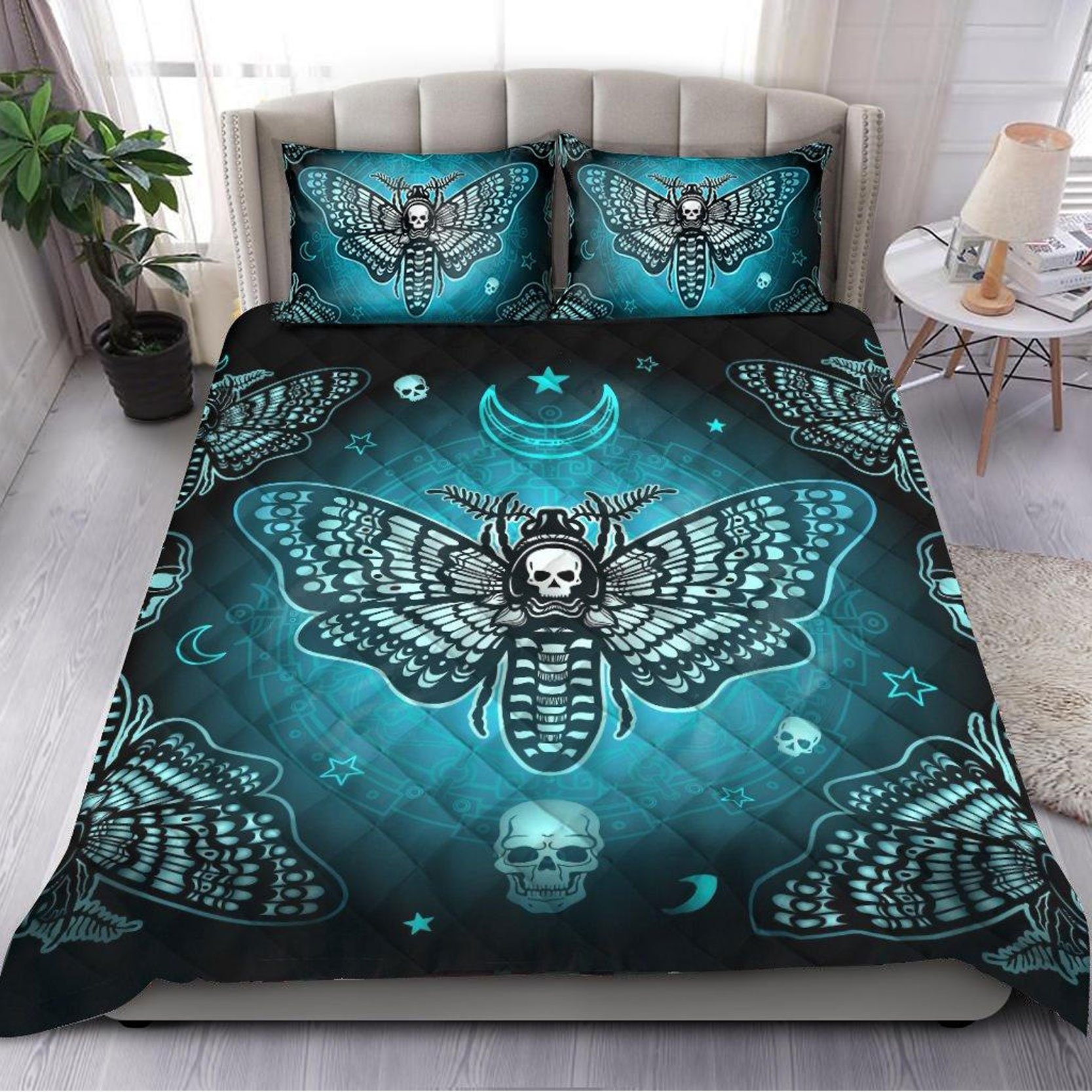 Custom Quilt Sets Death Moth and Flowers Quilt Bedding for Girls Boys Men Women