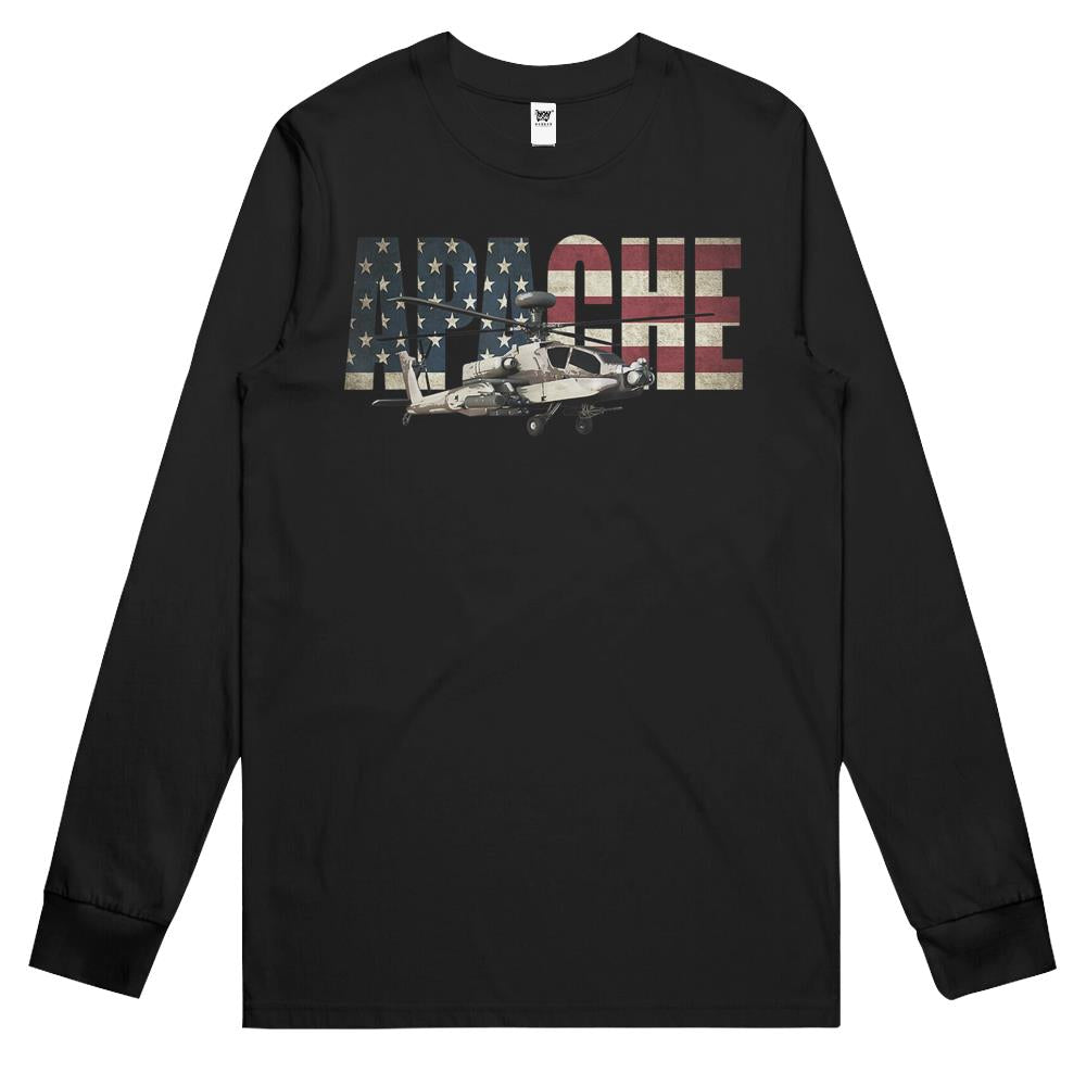 Ah-64 Ah64 Apache Helicopter Us American Flag Long Sleeve T Shirts