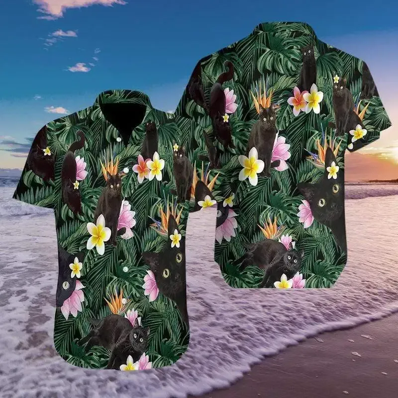 So Cute Black Cat Tropical Colorful Hawaii Unisex Print Aloha Short Sleeve Casual Shirt Ha68117