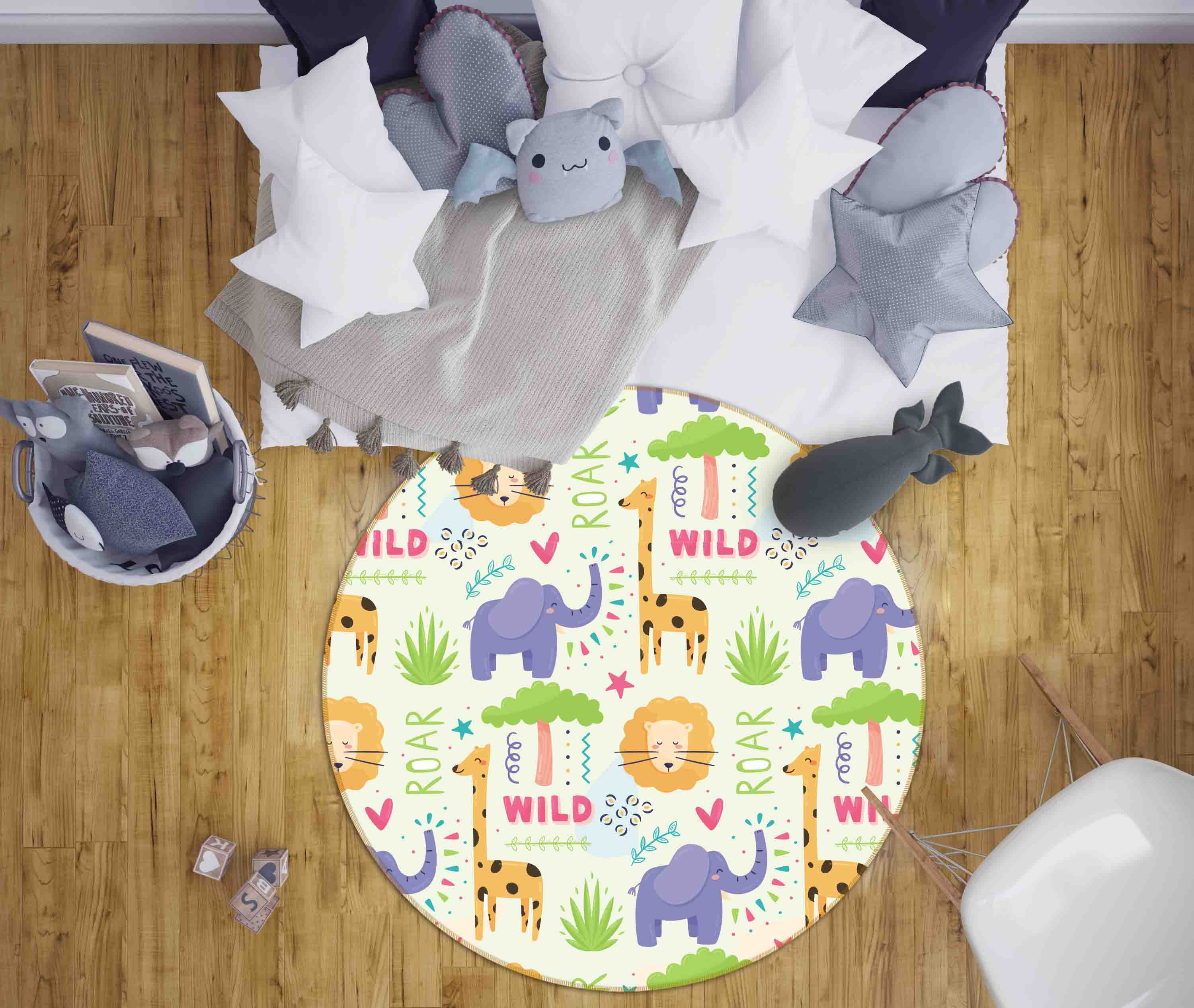 3D Cartoon Animal Giraffe Elephant Kids Non-Slip Round Rug Mat 60