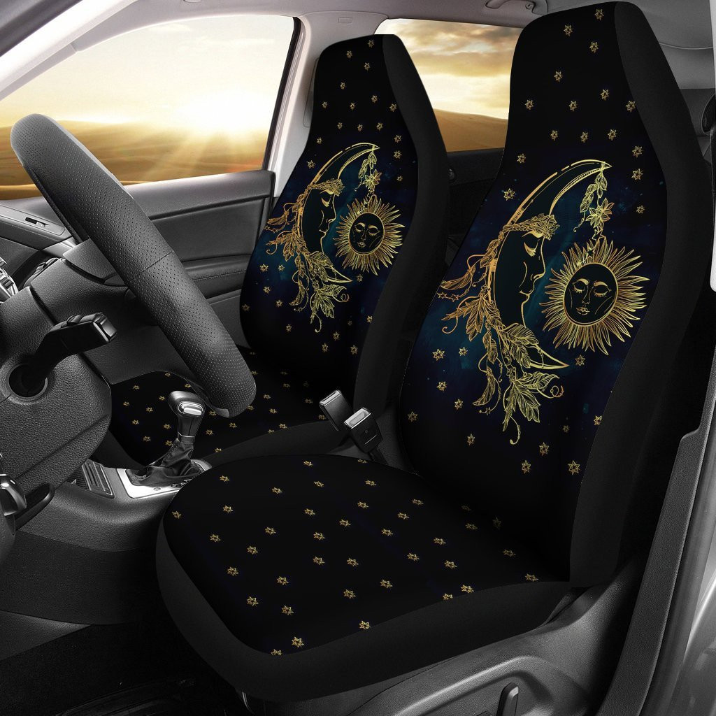 Sun & Moon Car Seat Covers With Leather Pattern Print Will Get 2 Pcs