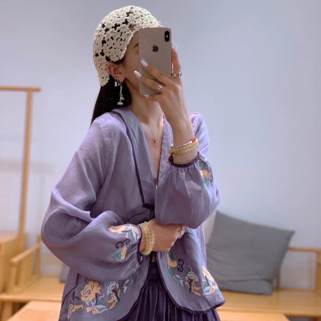 A GIRLS Ramie Embroidered Shirts Open Stitch Women Chinese Style Disc Button Top Spring Summer Loose Long Sleeve Blouses alx