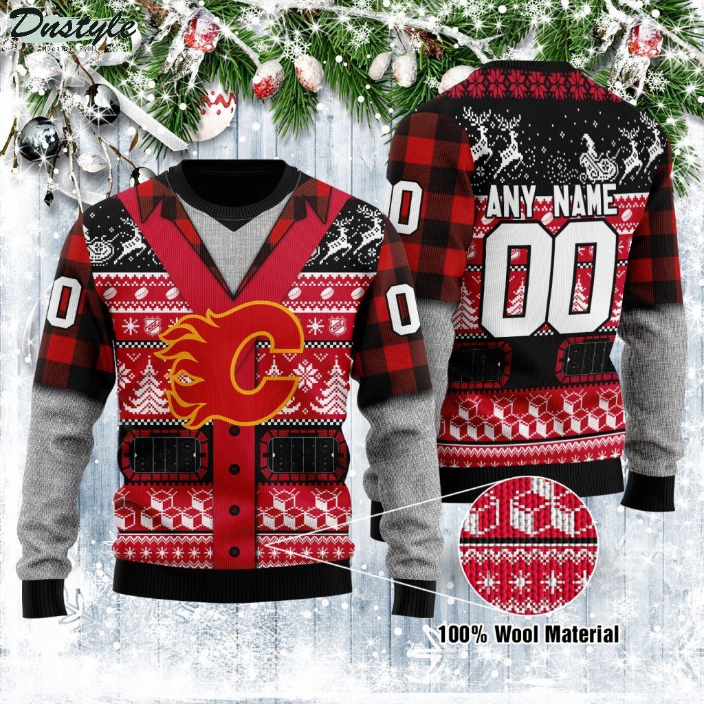 Calgary Flames Custom Name Number Red Black Gift For Fan Ugly Wool Sweater Christmas