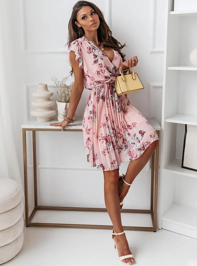 Women Floral Print Pleated Dress 2022 Elegant Short Sleeve Ruffle V-Neck Mini Dress Ladies Boho Loose Casual with Belt Dress alx