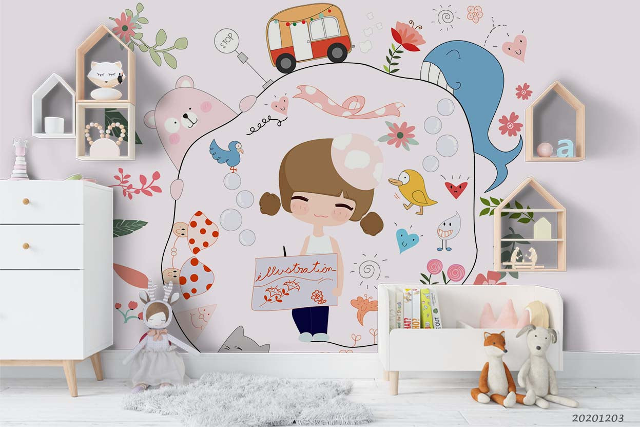 3D Cartoon Girl Pink Bear Whale Floral Plant Wall Mural Wallpaper Lxl