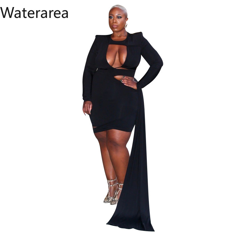 Waterarea Plus Size Solid Women Dress Sexy Hollow Out Pencil Dress Elegants Irregular Bodycon Vestido Retro Bandage Mini Dress alx