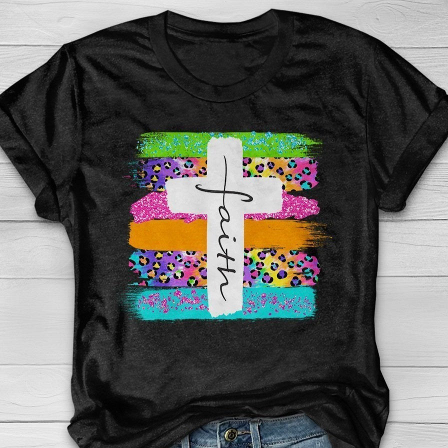 Colorful Faith Cross Leopard T-Shirt Long Sleeve Hoodie Present For Easter Day