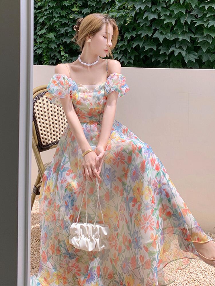 2022 Summer French Vintage Floral Dress One-shoulder Puff Sleeve Sexy Backless Slip Dresses Elegant Temperament Female Dress alx