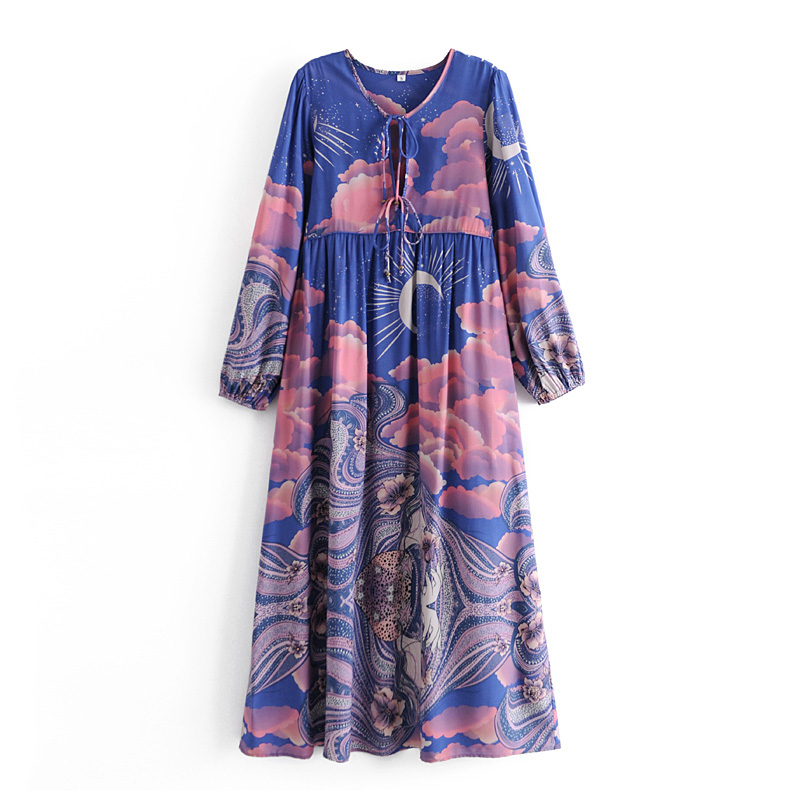 Boho Vinatge Floral Print vintage dress LongTunic Dress Rayon Cotton Moon Star Maxi Hippie Tropical Vestidos alx