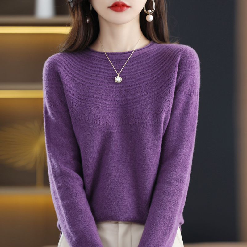 Trendy Style One-Line Ready-To-Wear Pure Wool Sweater Women’s Hollow Knitted Pullover Autumn and Winter Rolled Edge O-Neck Top alx