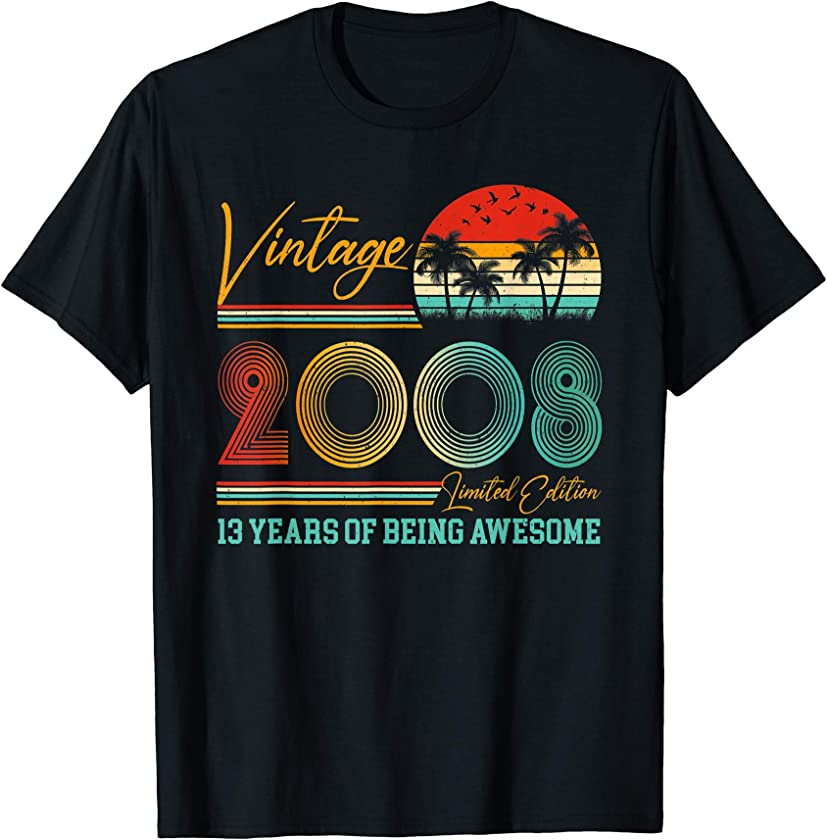 13th Birthday Gift Boy Girl Vintage 2008 Retro 13 Years Old T-Shirt