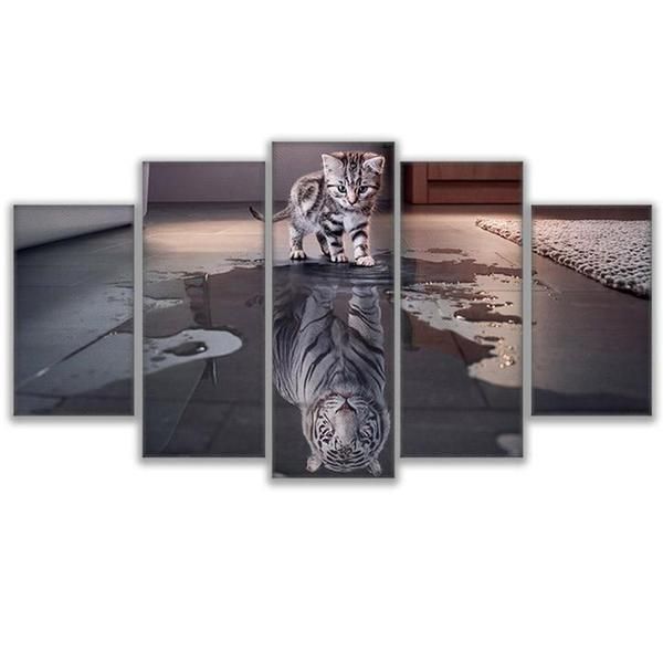 Cat Kitty New Cuadros Tiger Reflection Animal 5 Panel Canvas Art Wall Decor