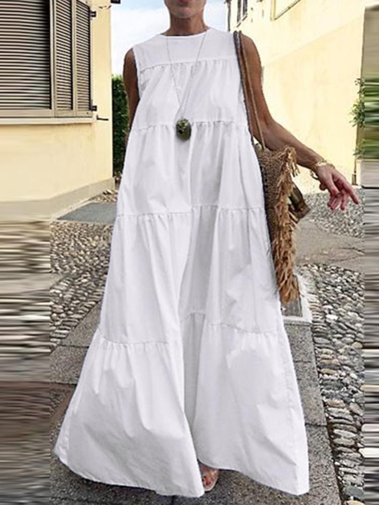 Women 2022 Summer Fashion Sleeveless Long Dress O Neck Sundress Celmia Stitching Pleats Maxi Dresses Street Casual Solid Robe alx