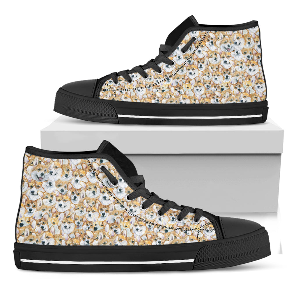 Watercolor Corgi Pattern Print Black High Top Shoes