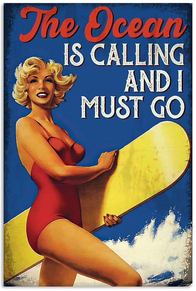 Vintage Girl Surfing The Ocean Is Calling Must Go Poster Art Print      Home Decor Gift For Men Women Family Friend On Birthday Xmas