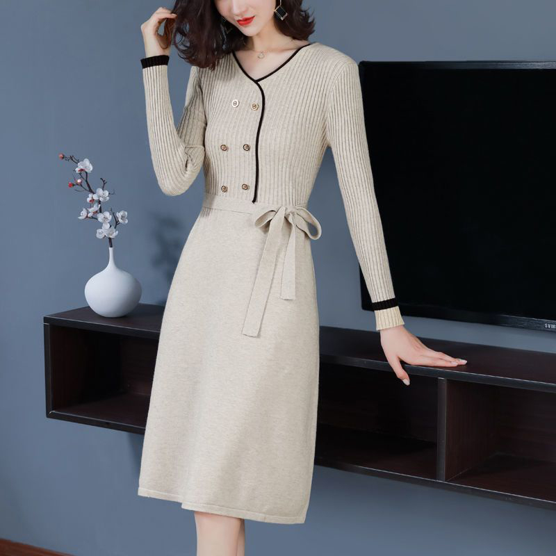 Autumn Winter Women’s Elegant Fashion Slim Knitted Midi Dress Ladies V-neck Chic Buttons Temperament Vestido Casual Belt Dresses alx