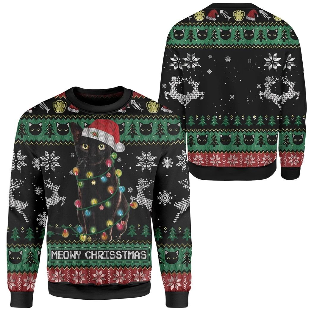 Unifinz Cat Ugly Sweater Meowy Christmas Black Cat Christmas Pattern Black Sweater 2022