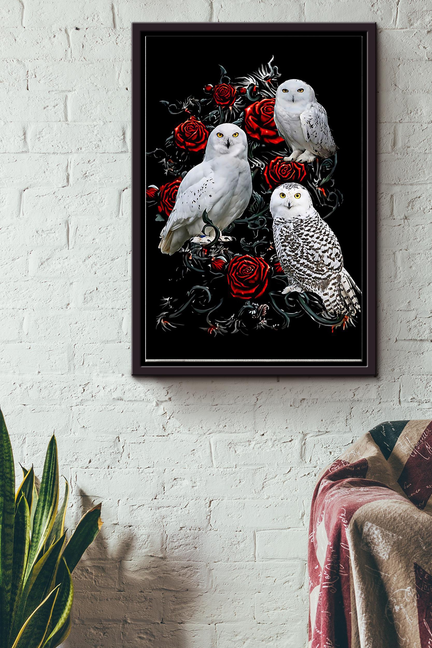 Three Snowy Owls On Rose Tree Poster – Animal Wall Art – Great Owl Painting Owl Print Gift For Animal Lover Framed Matte Canvas