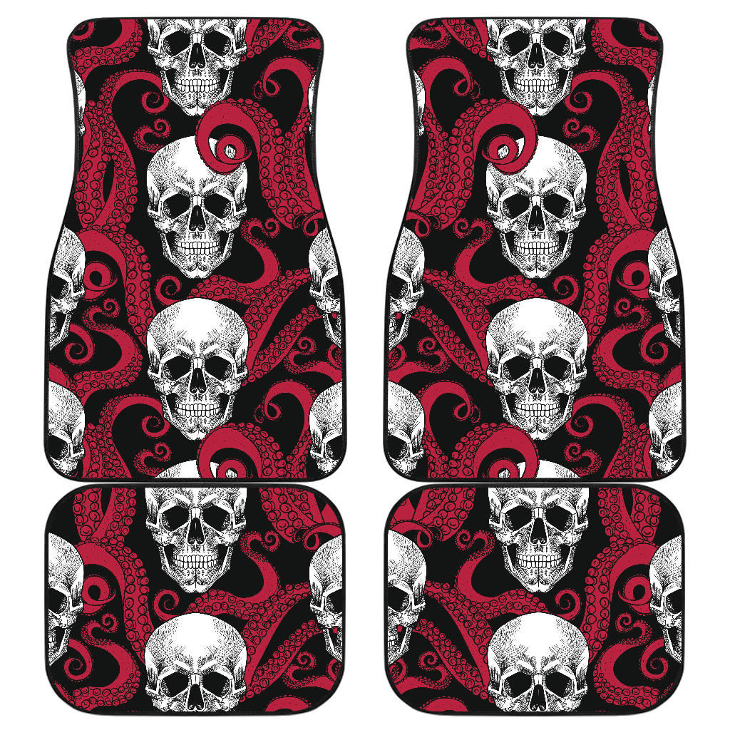 Red Octopus Skull Pattern Print Front And Back Car Floor Mats, Front Car Mat