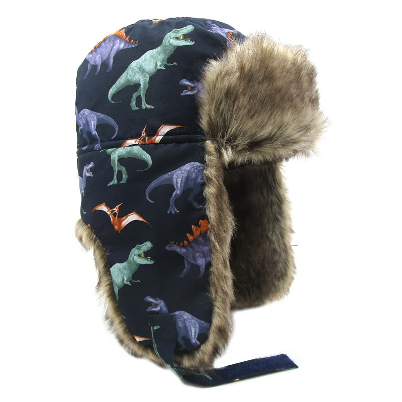 Winter Children Fur Keep Warm Hats Cartoon Dinosaur Pattern Ushanka Caps for 1-10 Years Boys Girls Windproof Soft Skiing Hat alx