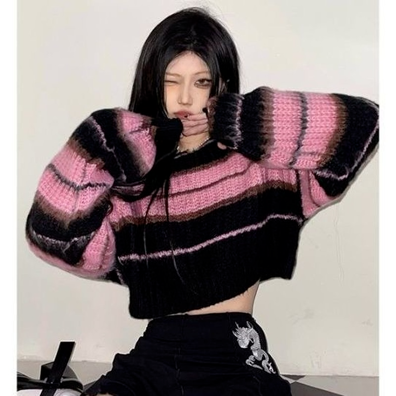 Womens Y2K Korean Style Pink Cropped Sweater Women Striped Jumper Vintage Female Autumn Long Sleeve Crewneck Pullovers Tops alx