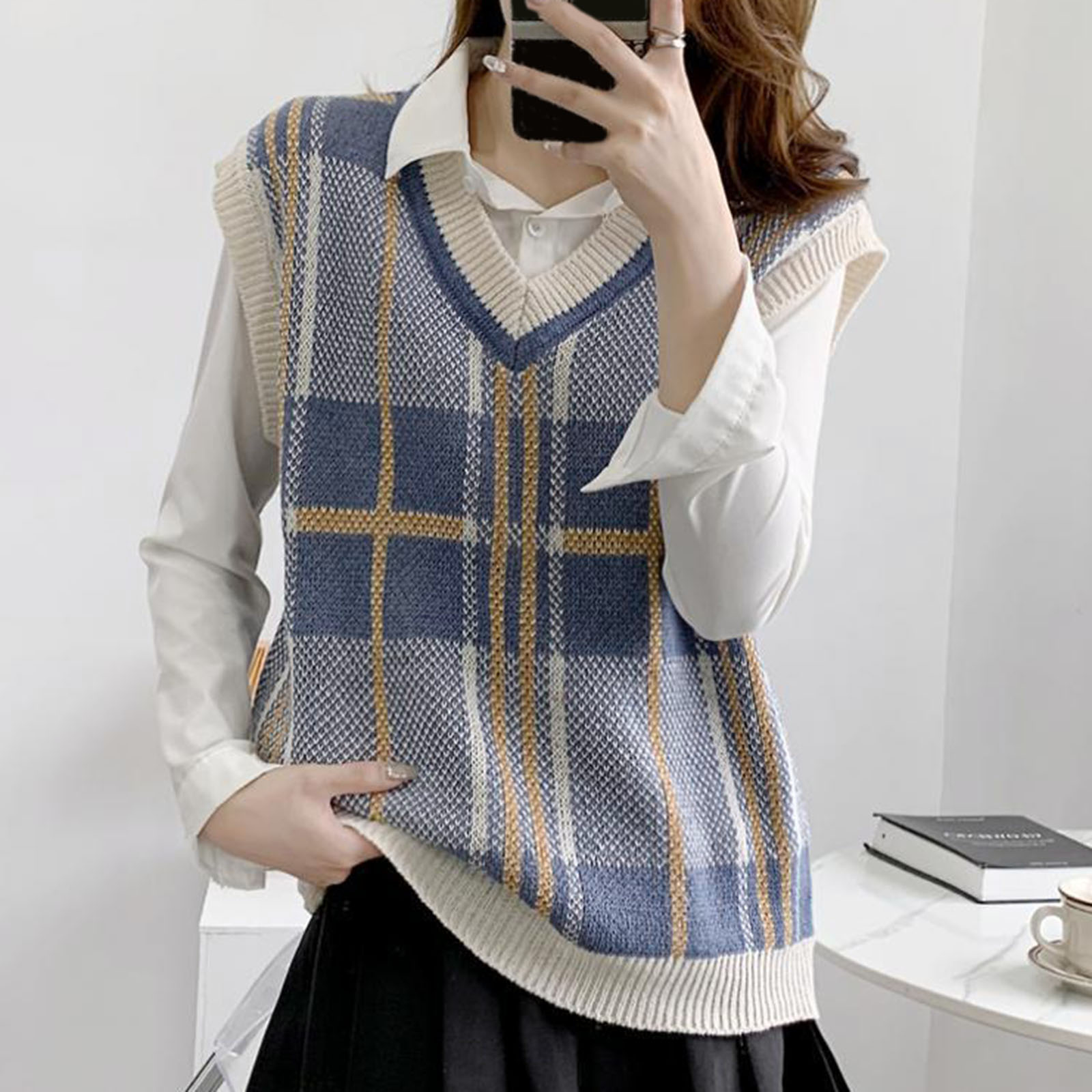 Women’s Oversized Sweater Vest V Neck Sleeveless Plaid Cable Knit Tank Top Sweaters Womens Shawl Collar Pullover Sweater alx