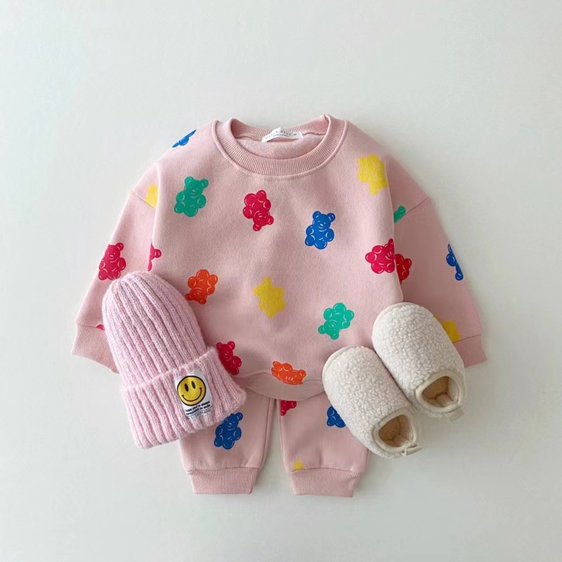 2022 Autumn New Baby Clothes Set Cute Colorful Bear Print Sweatshirt Set For Boys Girl Casual Pants Outfits Children 2pcs Suit alx