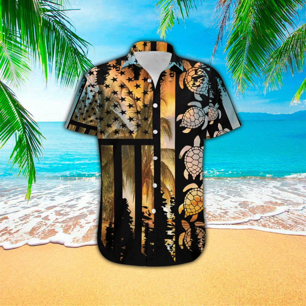 Turtle Flag American Summer Print Polyester Hawaii Shirt Aloha Ha80548