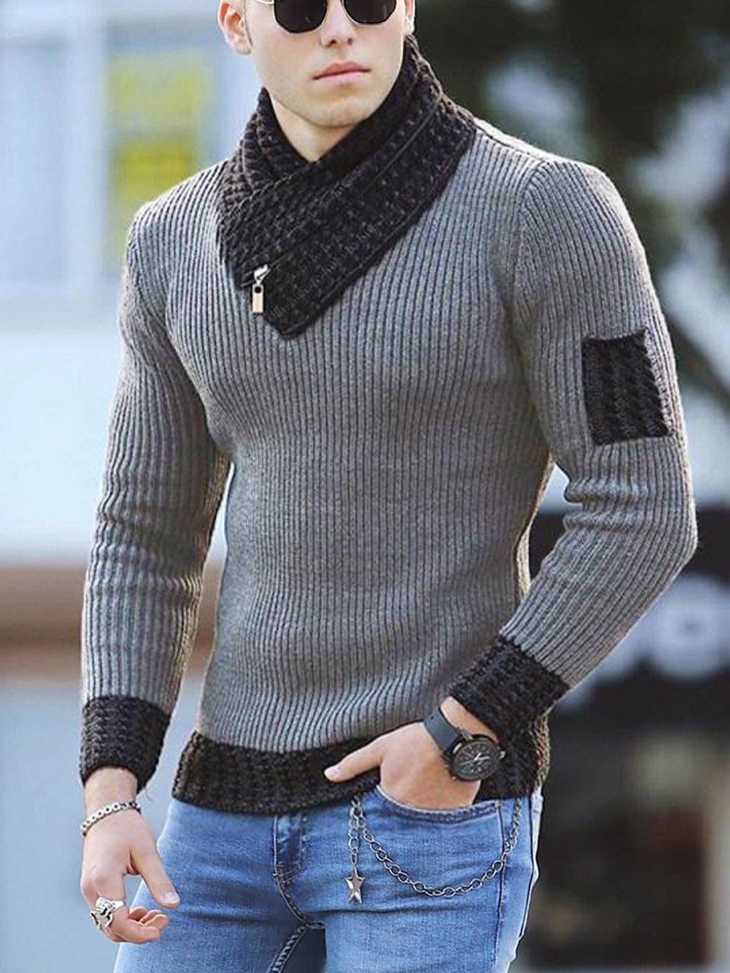 2021 new European and American men’s casual slim fit knitted pullover long sleeve scarf collar sweater men’s wear alx