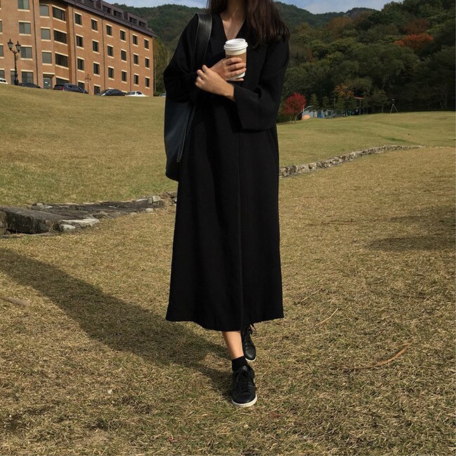 SuperAen Korean Style Women Long Dress 2021 Spring New Women Retro Dress Solid Color V-neck Loose Long-sleeve Dress Female alx