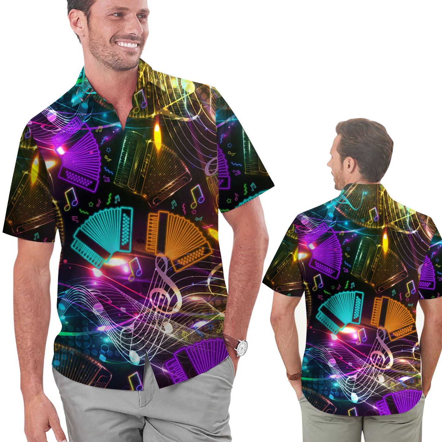 Neon Accordion Music Staves Men Hawaii Shirt For Accodionists In Daily Life Ha98644