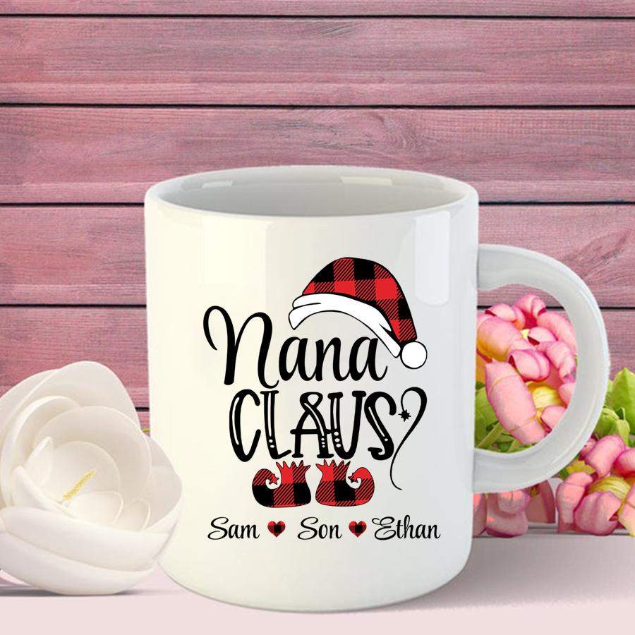 Personalized Nana Claus Kids Names Buffalo Plaid Christmas Shirt