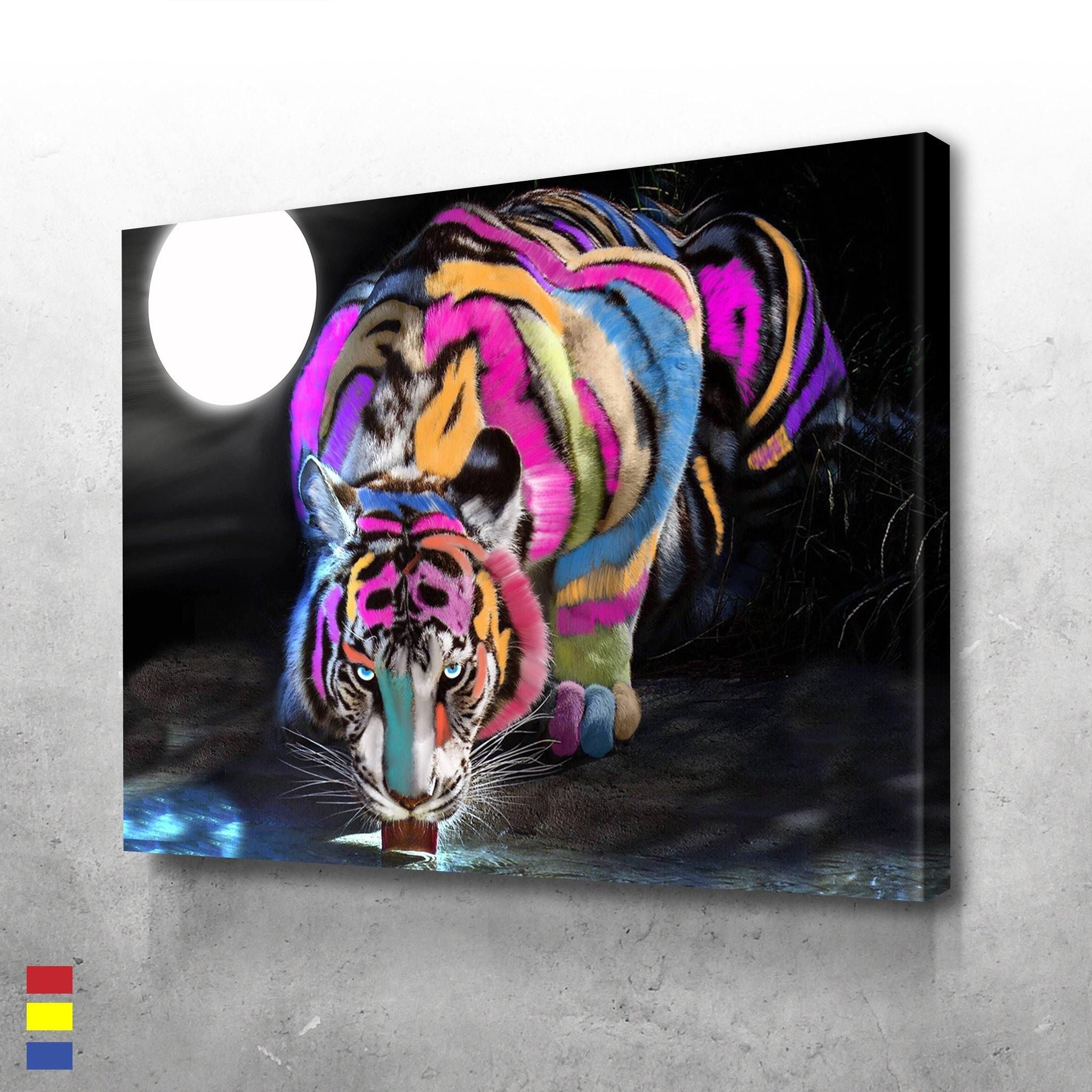 Colorful Fur Tiger Drinking Water Moon Light For Lovers Poster Canvas